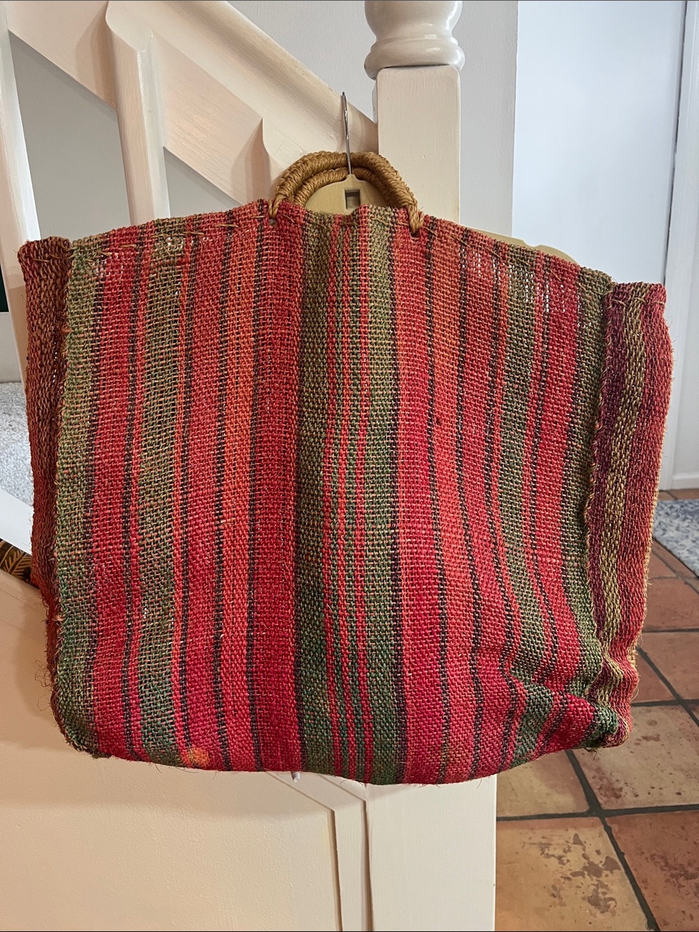Woven Striped Tote Bag in Red and Green - Boho Handled Bag